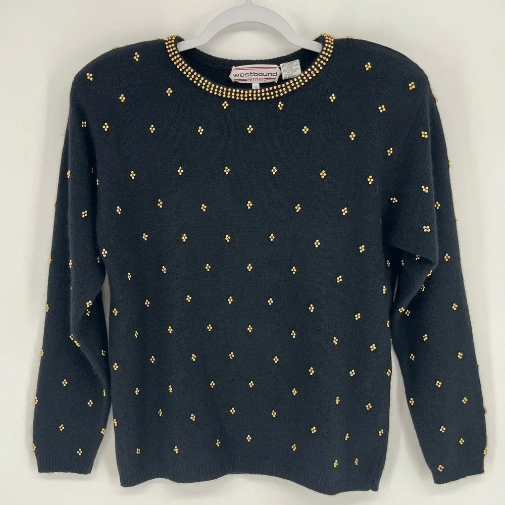 Westbound Petites Black Lambswool Angora Gold Beaded Vintage Sweater Womens M‎